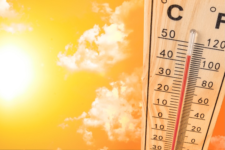 Heat, thermometer shows the temperature is hot in the sky, Summer